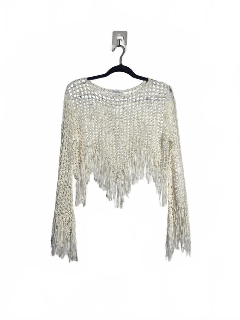 Bohemian Cream Crochet Knit Fringe Long Sleeve Crop Top